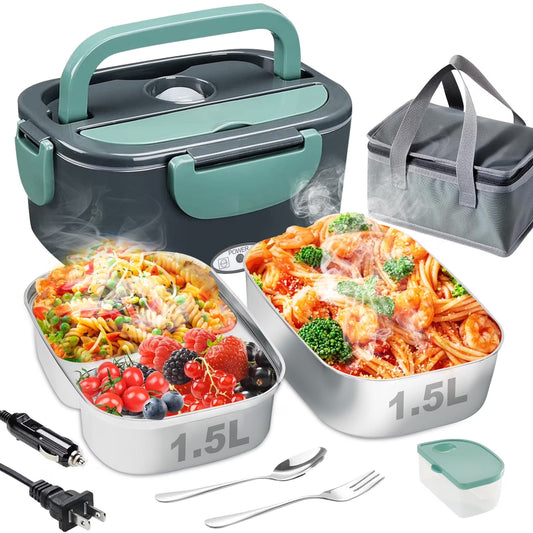 Electric Lunch Box Food Heater, 80W Portable Warmer for Car Truck Work with Dual 1.5L Stainless Steel Containers, 12V/24V/110V/220V Heated Lunch Box Suitable for Ideal Driver/Work/Gift